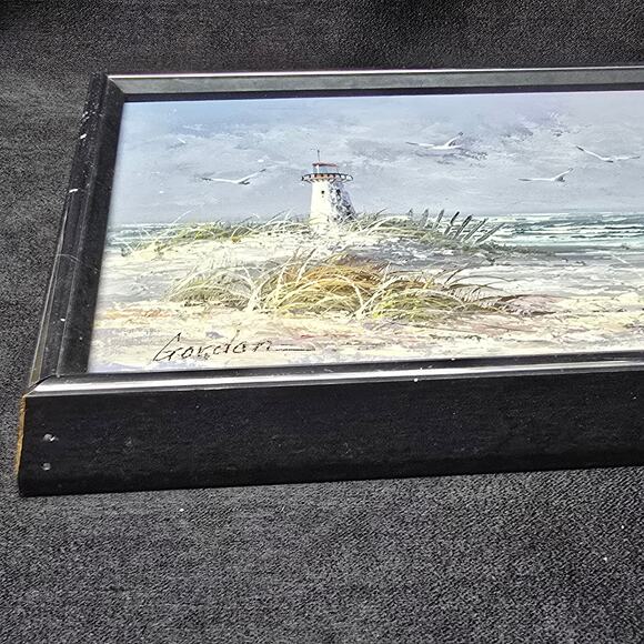 Original Oil Painting Beach Lighthouse Signed Gordon 8' x 10' Wooden Art - Picture 5 of 12